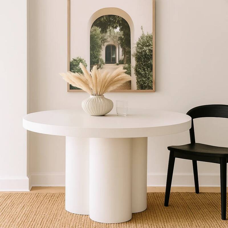 Cid Run Dining Table, White Concrete Abstract Base, Round 43 Inch