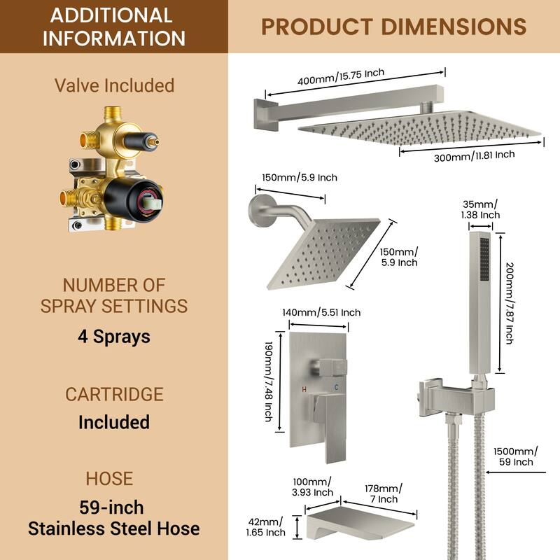 4-Spray Wall Mount 12 and 6 in. Dual Fixed and Handheld Shower Head with Waterfall Tub Spout (Valve Included) - 12" x 12"