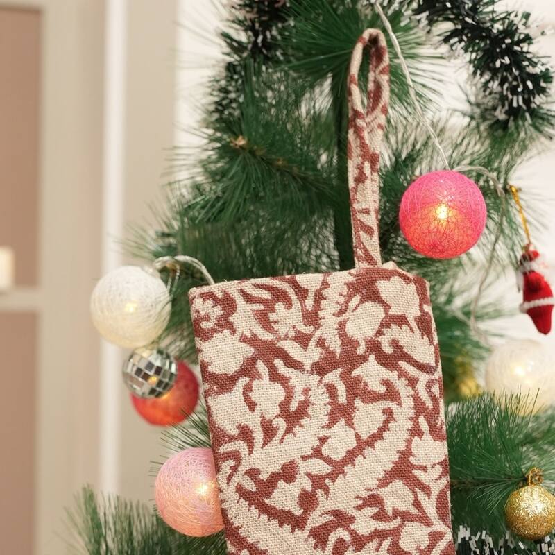 Fabdivine Hand Block Floral Print Christmas Knit Stockings, Home Decorative Gift Use - 16"X6.5"