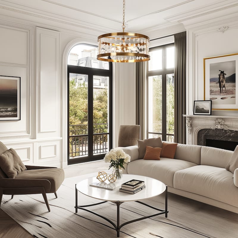 Modern 6-Light Crystal Beaded Drum Chandelier Gold Pendant for Dining Room Kitchen Island - D21.7" x H73.6"