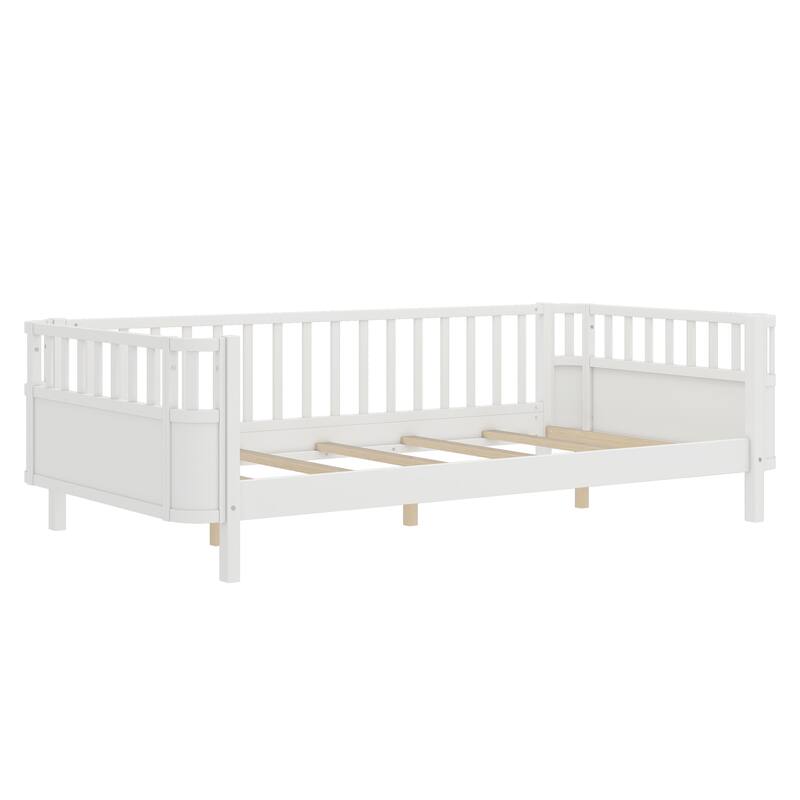 Multi Size Low Platform Bed for Kids with Rounded Corners Guardrails, Detachable Right-side Fence and Open Left-side Design