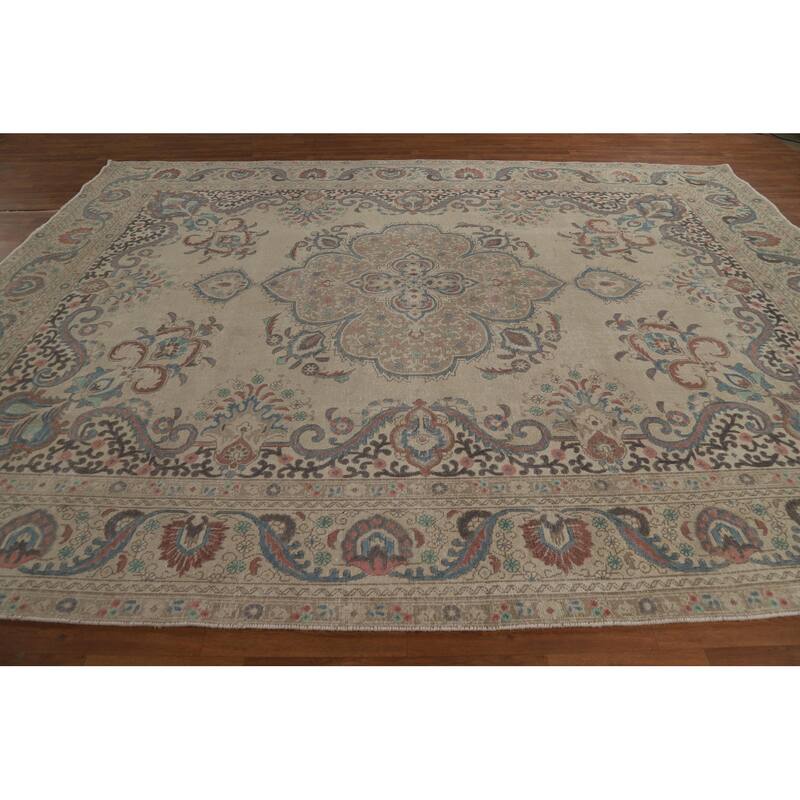Medallion Tabriz Persian Area Rug Beige Hand-Knotted Wool Carpet - 9'5"x 12'3"