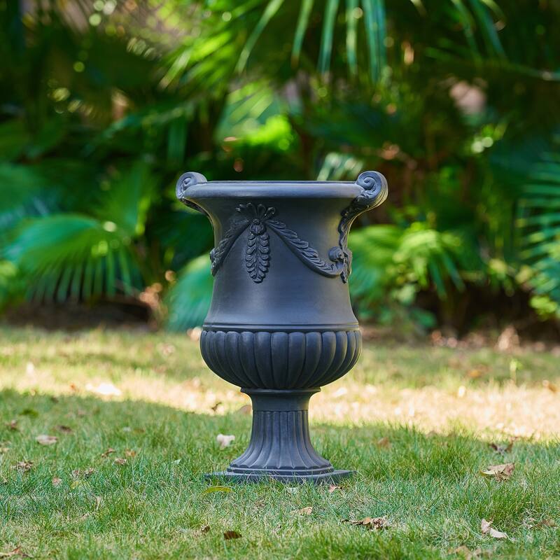 Christopher Knight Home - Fernrise 24.80"H Outdoor Classical Floral Relief Carvings MGO Urn Planter, Drainage Hole & Ventilation