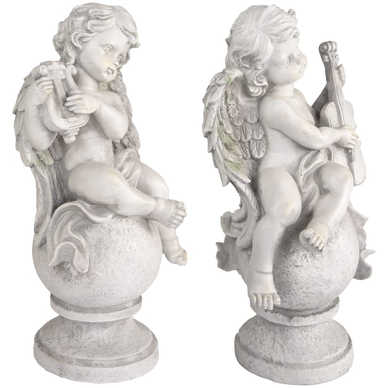 Set of 2 Cherub Angels with Violin and Harp on Finials Outdoor Garden Statues 15.25"