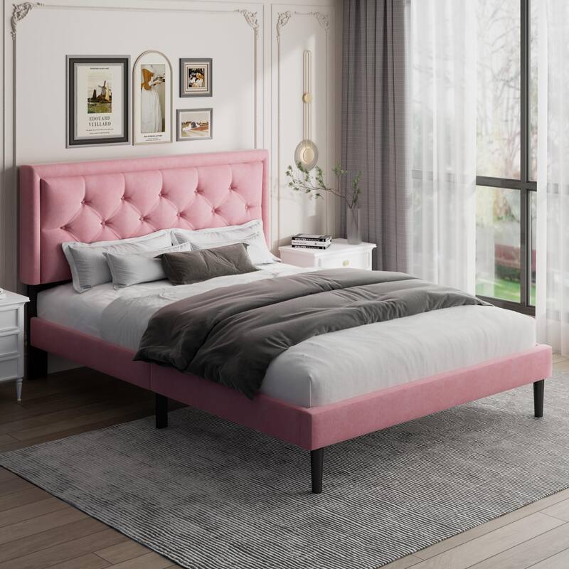 Modern Bed Frame with Velvet Button Tufted Headboard - Pink - King
