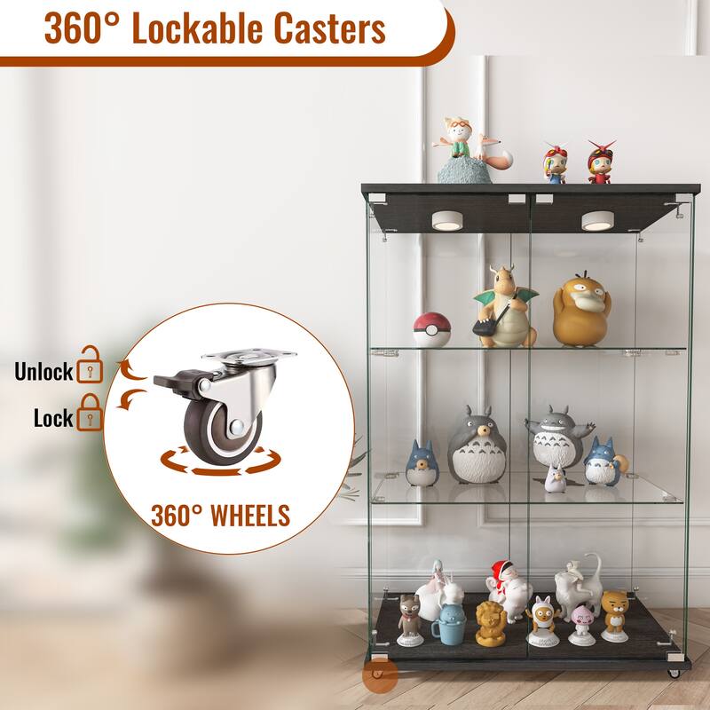 Modern Glass Display Cabinet with LED Lights, Quick-Assembly 2-Door Bookcase with Tempered Glass & Black Frame