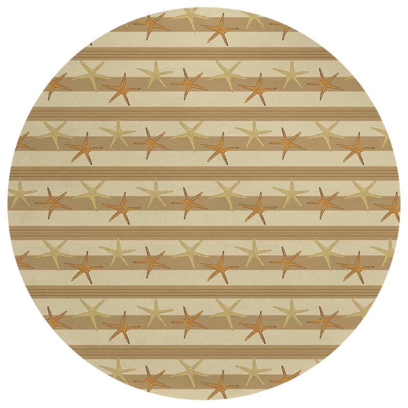 Indoor/ Outdoor Surfside Starfish Stripes Washable Rug New - Tan - 8' x 8'