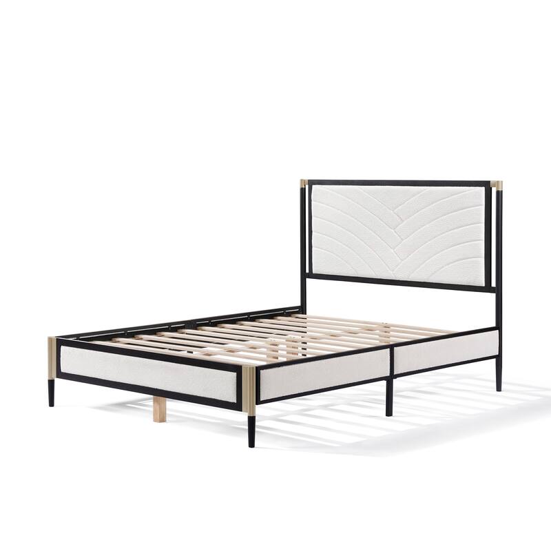 Roomfitters Metal Platform Bed Frame with White Boucle Headboard and Wood Slats, White and Black