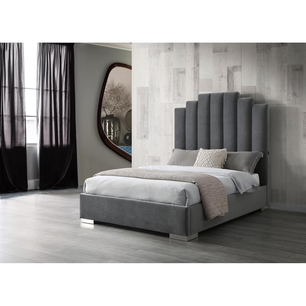 Velvet Upholstered Bed with USB Ports Grey Fabric Platform Bed Frame with Chrome Legs Double Bed