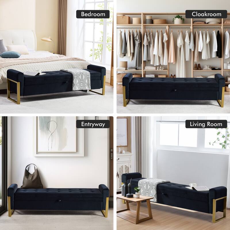 66" Storage Bench for Bedroom End of Bed with Double Lids and Gold Legs