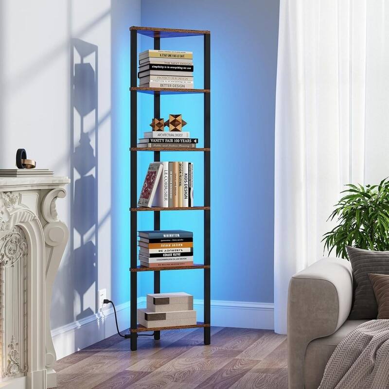6-Tier Corner Bookshelf with LED Light