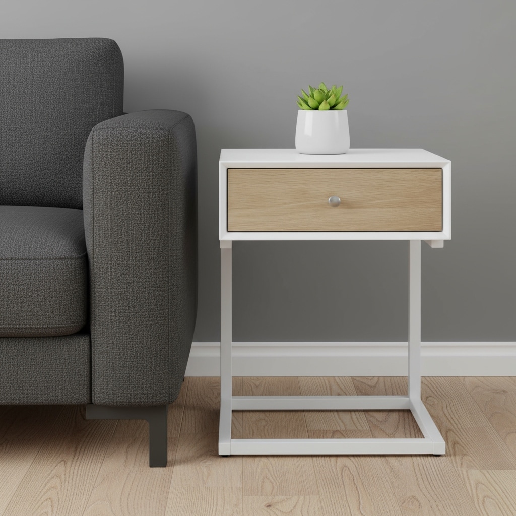 HomeRoots 25" White and Natural Wood and Steel End Table With Drawer And USB Port - 18.00 in. x 24.50 in. x 15.00 in.