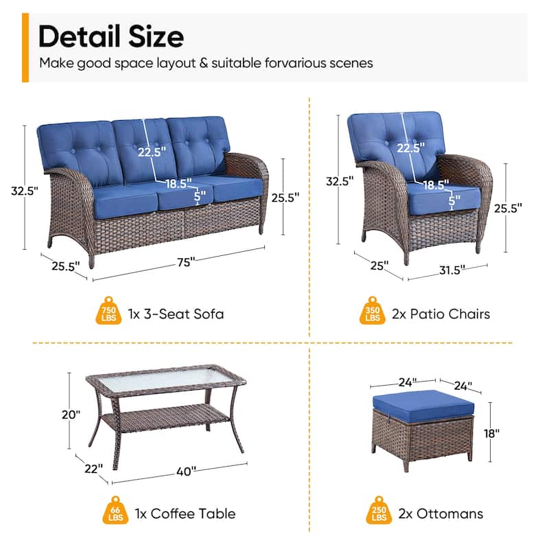 Pocassy 6 Piece Ooutdoor Sofa with Patio Chair Ottoman Table