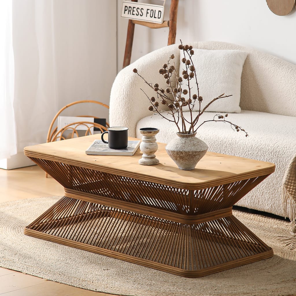 Mid-Century Modern Coffee Table, Rectangular Wood Accent Table with Woven Bamboo Base, Rustic Boho Low Profile Cocktail Table