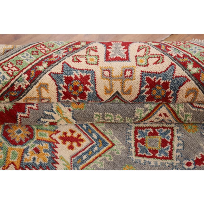 Gray Geometric Kazak Rug Hand-Knotted Oriental Wool Carpet - 5'1" x 6'9"