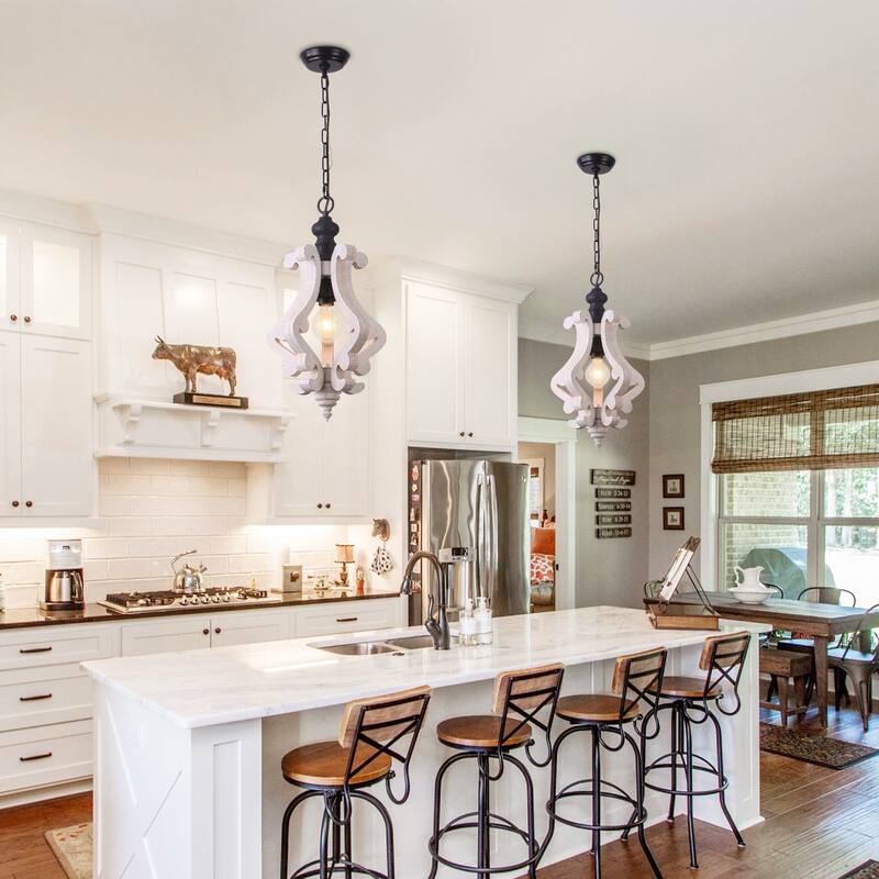 Cusp Barn Farmhouse Light Fixtures Chandelier 1-Light Rustic Wood Pendant Light with Adjustable Chain for Kitchen Island