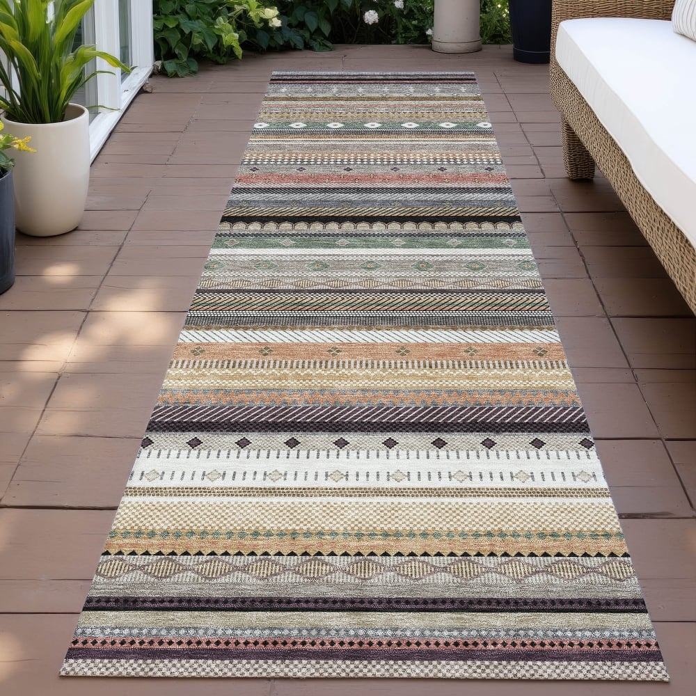 Machine Washable Indoor/Outdoor Boho Stripes Chantille Rug