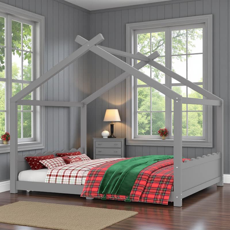 Kids Solid Wood House Floor Bed with Support Slats, Montessori Low Profile Bed, No Box Spring Needed