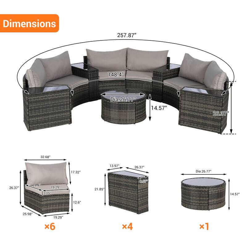 11-Piece Outdoor Half-Round Modular Sectional Sofa Set with Tempered Glass Coffee Table and 4 Side Table