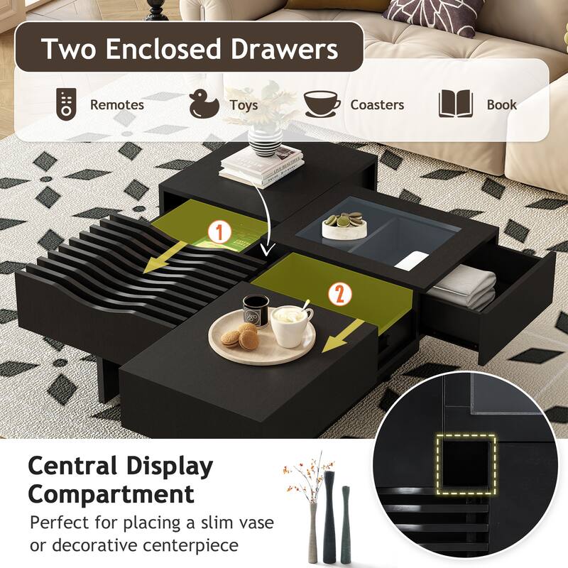 33" Solid Wood Square Coffee Table with Drawers & Wave Design