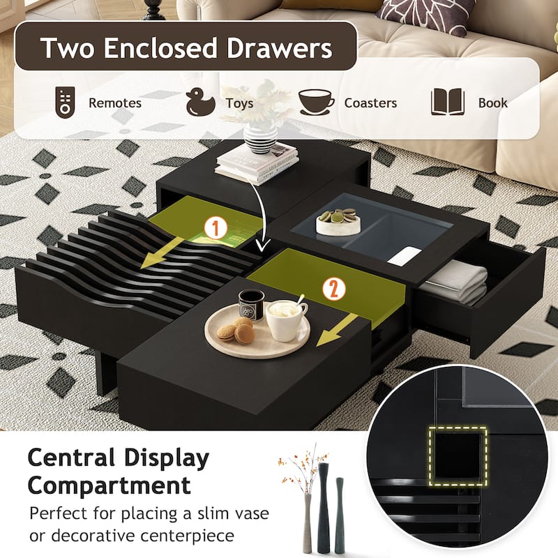 33'' Mid-Century Modern Square Coffee Table with 3 Drawers, Tempered Glass Top, Solid Wood Legs for Living Room