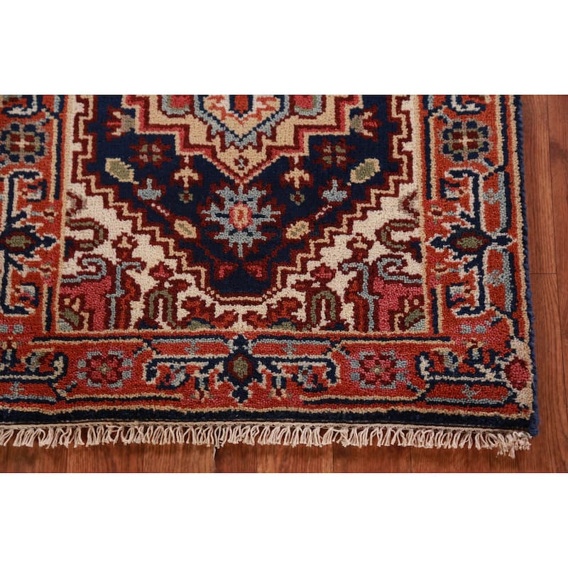 Hand Knotted Oriental 100% Wool Carpet Traditional Medallion Navy Blue & Blues Heriz (serapi) Area Rug - 3' 0'' X 2' 0''