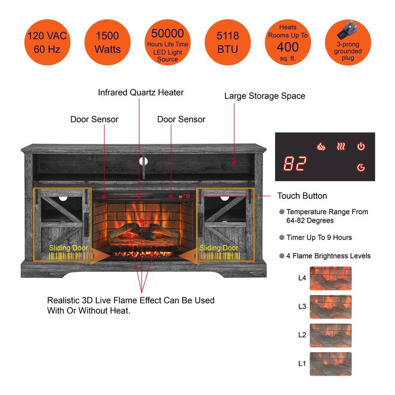 60" Entertainment Center with 1500W Electric Fireplace, Door Sensor, Infrared Remote, and Storage for TVs up to 70"
