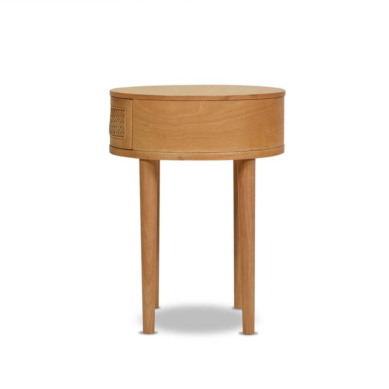 Cabana 18" Cane Rattan Oak Wood Round Storage Side Table