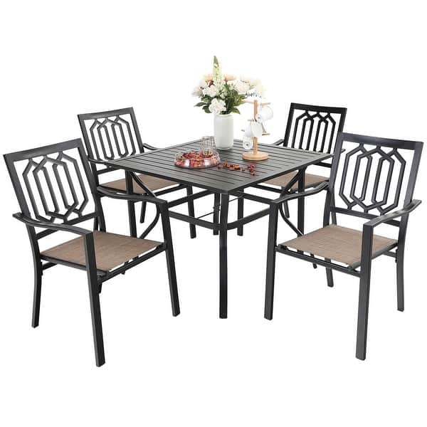 slide 8 of 8, MFSTUDIO 5 Pieces Dining Set with 4 Metal Chairs of Textilene Seat and 1 Square Table with Umbrella Hole Black - 5-Piece Sets