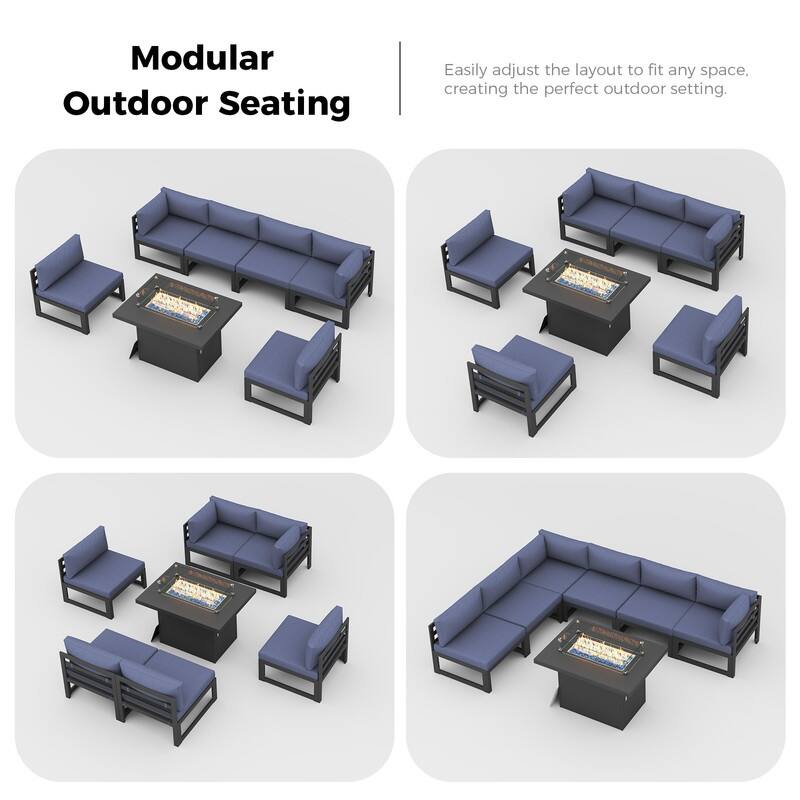 7 Piece Aluminum Patio Furniture Set with Fire Pit Propane/Natural Gas, 29 inch Deep Wide Seat Aluminum Outdoor Sectional