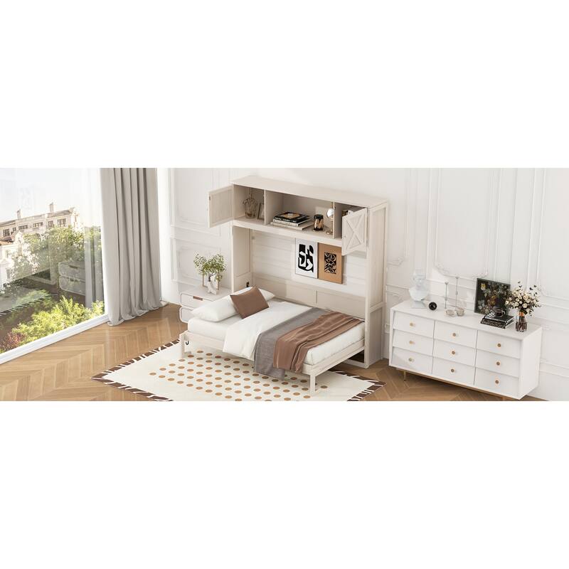 Roomfitters Full/Queen Size Murphy Bed with Storage Cabinets, Shelves and Rustic X-Shape Design