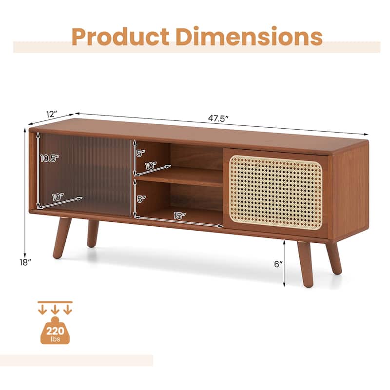Modern TV Stand with Rattan and Glass Doors for Living Room Storage