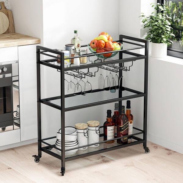 kitchen bar cart with hanging wine glasses