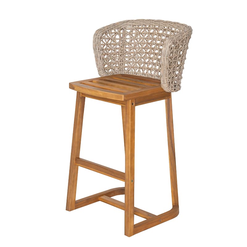Scott Living Dome Outdoor Bar Stool Acacia Wood and Light Brown Wicker, Set of 2