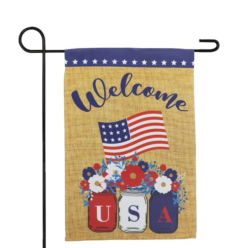 Floral Mason Jars "Welcome" Usa Flag Patriotic Garden Flag 18" x 12.5"