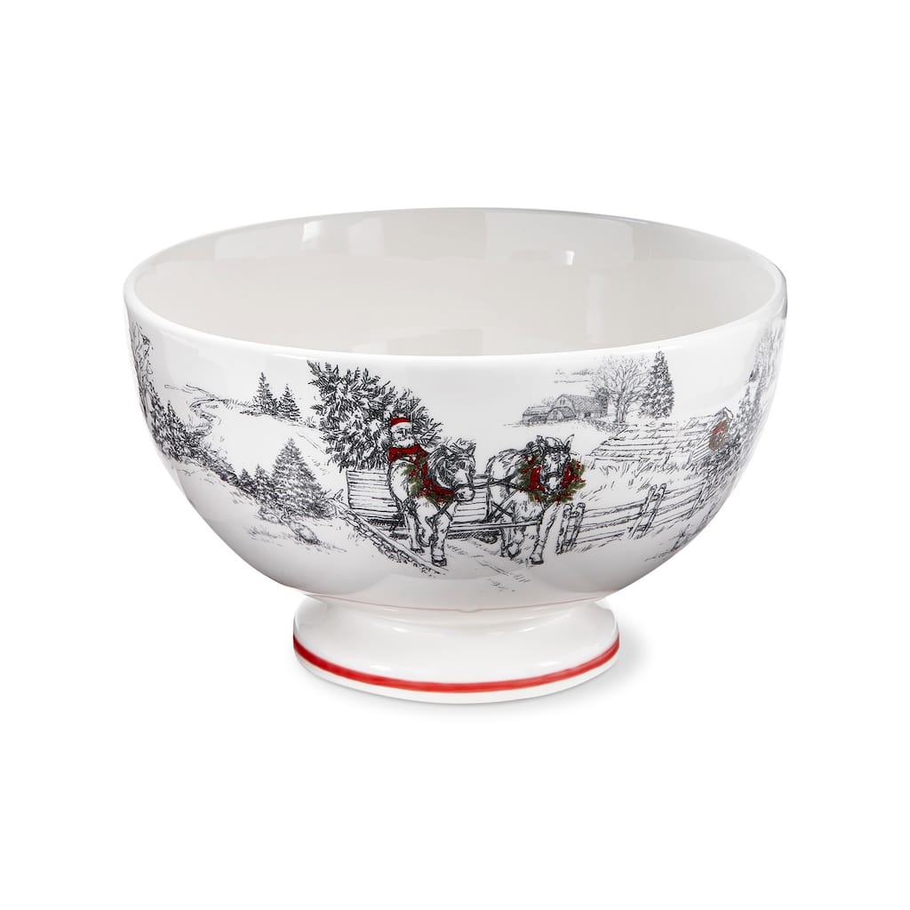 "Farmhouse Christmas" Collection Earthenware White Pedestal Bowl Featuring Farm House Winter Scene, 10.0L x 10.0W x 6.1H in.