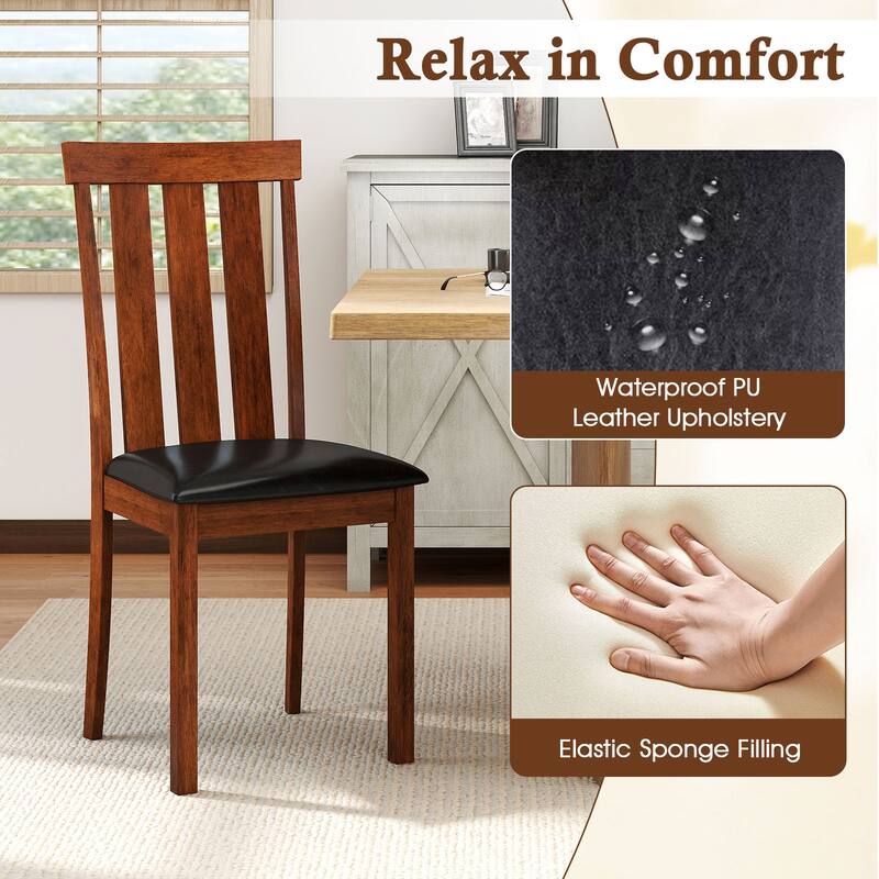 Set of 2 Dining Room Chairs with Rubber Wood Frame PU Leather Seat-Walnut - Multi