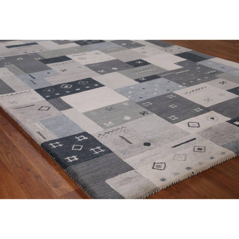 Geometric Gray Gabbeh Indian Area Rug Hand-Tufted Wool Carpet - 5'3" x 7'7" - 5'3" x 7'7" - Grey