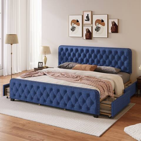 King Size Upholstered Platform Bed with Drawers, Button Tufted Headboard and Footboard