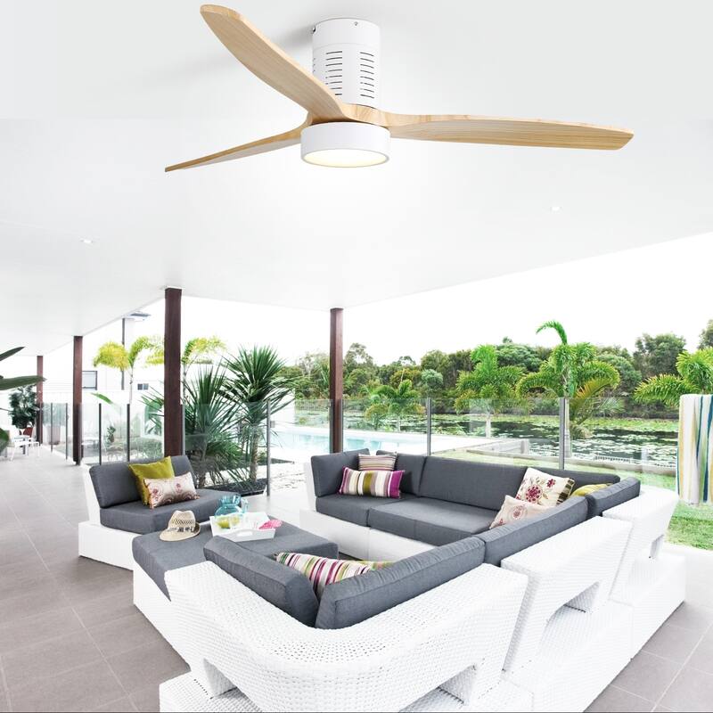 52" Flush Mount Wood Ceiling Fan with Dimmable LED Light and Remote Control