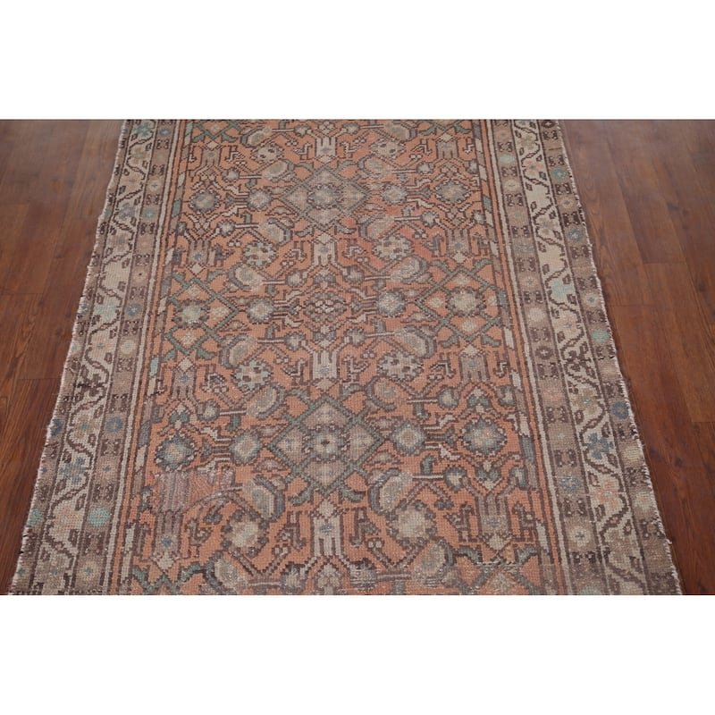 Distressed Hamedan Vintage Persian Runner Rug Hand-Knotted Wool Carpet - 3'5" x 9'4"