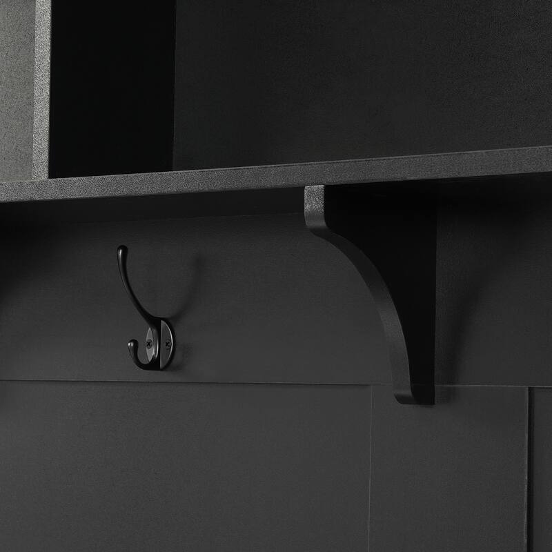 Modern Hall Tree Cabinet Coat Rack with Bench & Double-Side Hooks, Storage Cabinet with Drawers