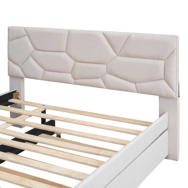 Linen Upholstered Platform Bed Frame with Trundle and Brick Pattern Headboard