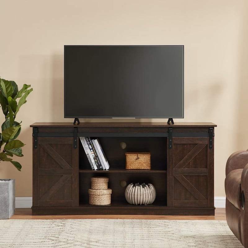 Homy Casa 58'' Farmhouse TV Stand. Sliding Barn Doors, Storage Cabinet