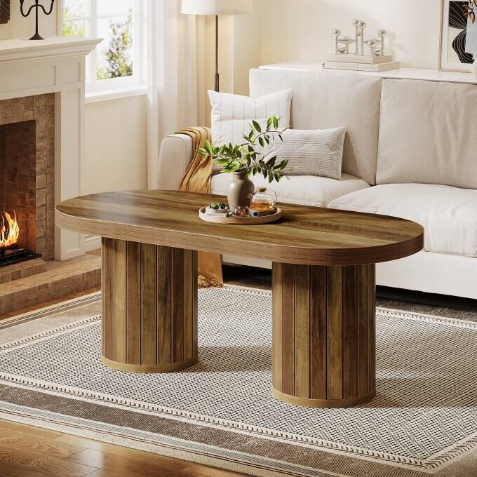 47" Wooden Oval Coffee Table With Slatted Cylindrical Legs
