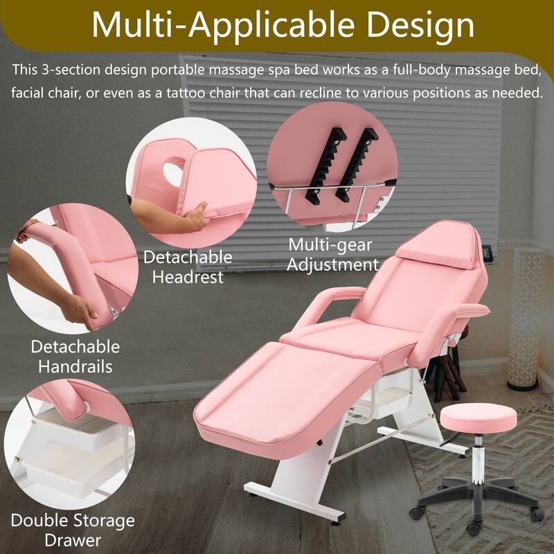 Massage Salon Tattoo Chair - 3-Section Adjustable Facial Bed with Two Trays & Hydraulic Stool, Multi-Purpose Spa Equipment