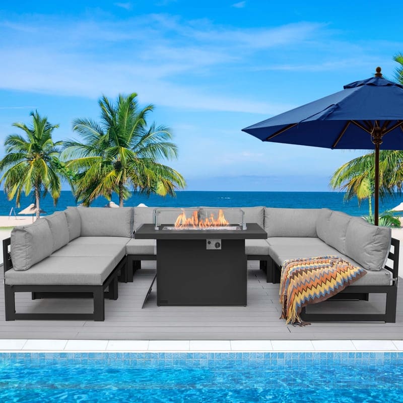 FINCATI Aluminum Outdoor Patio Furniture Conversation Sectional Sofa Set - 9 Pieces - Light Grey