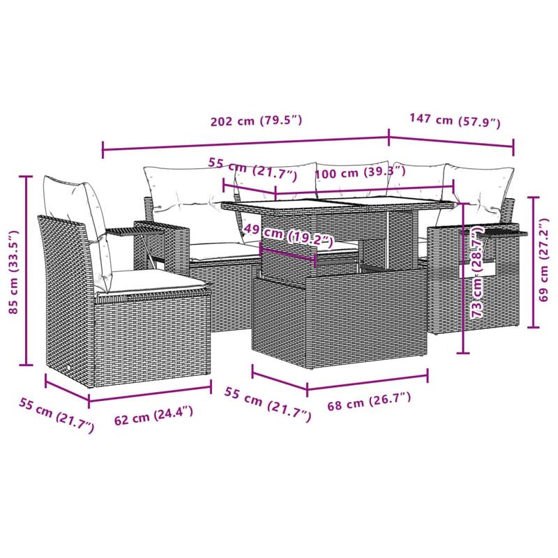 vidaXL Patio Sofa Set with Cushions Outdoor Furniture 6 Piece Poly Rattan - 21.7 x 39.4 x 28.7