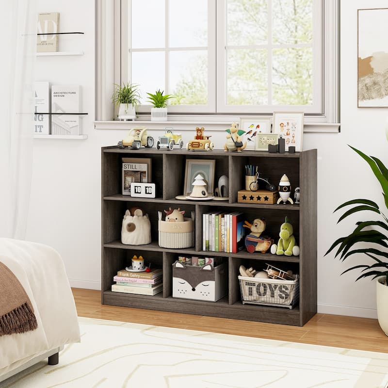 Freestanding 3-Tier Bookcase with 8 Open Cubes and Sturdy Screw Construction and Floor Protection - Grey