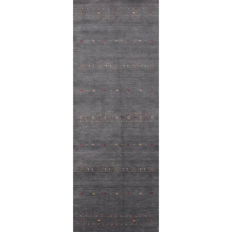 Hand Knotted Oriental 100% Wool Carpet Tribal Animal Pictorial Greys & Charcoal Gabbeh Runner Rug - 11' 10'' X 4' 1''
